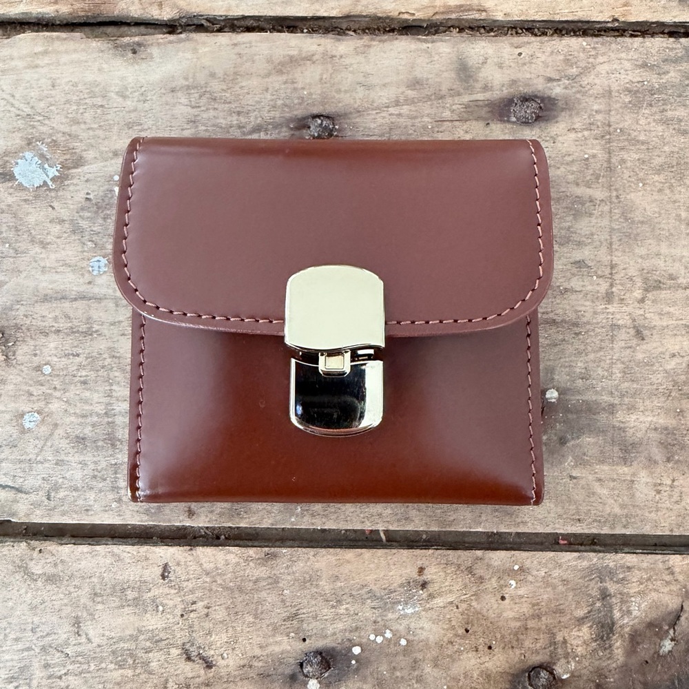 Sezane Brown Leather Wallet with Gold-Tone Lock